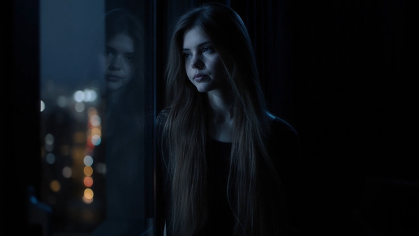 Young woman stands by a dark window at night, her face softly lit by cold city lights. Her reflection appears in the glass beside blurred distant buildings..